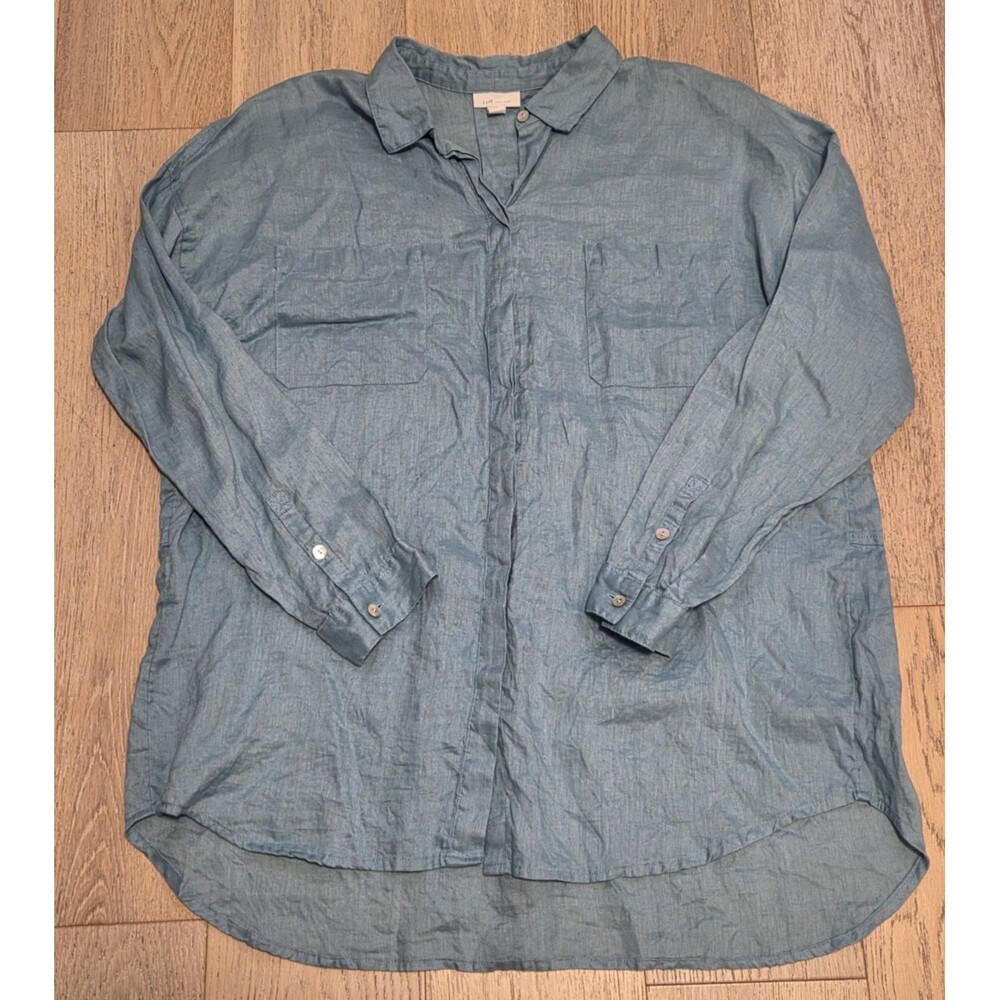 J.Jill Love Linen Shirt Women's Large Blue Teal Hidden Button Hi Lo Coastal